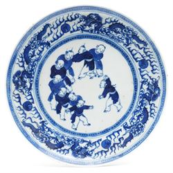 Late 19th century Chinese blue and white plate, the central panel decorated with '100 boys...