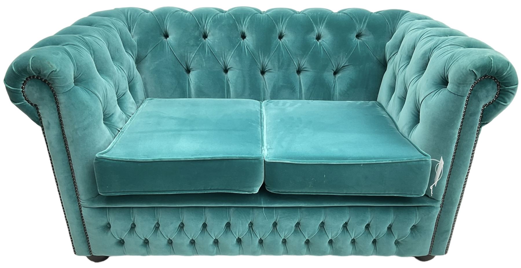 Sofas by Saxon - Chesterfield shape two-seat sofa, upholstered in buttoned aqua blue velvet fabric