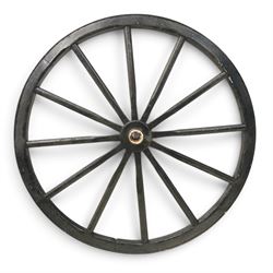 Pair of Victorian black lacquered and painted cartwheels with twelve spokes