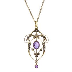 Edwardian gold amethyst and seed pearl pendant, stamped 9ct, on gold chain necklace, stamped 10