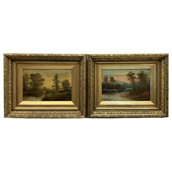 J Hill (British 19th century): River scene, oil on canvas signed and a Companion picture, oil indistinctly signed 19cm x 29cm (2)