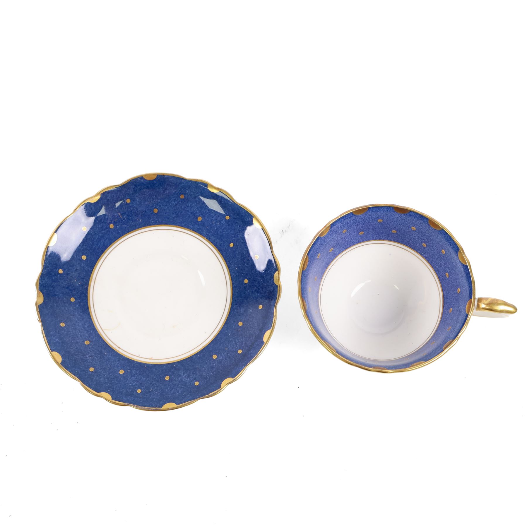 Crown Staffordshire Polka Dot tea service for six, comprising cups and saucers, milk jug, open sucrier, side plates and cake plate