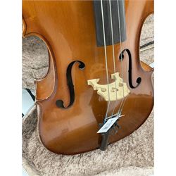 Cello by Andreas Zellar of Romania for Stentor Music Co. Ltd. with 75.5cm two-piece maple back and ribs and spruce top, bears label, L122cm overall, in hard carrying case with bow