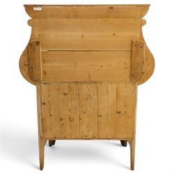Arts & Crafts pine kitchen cabinet, raised tiled back with projecting shelf and shaped side supports, rectangular work surface above single cupboard door with moulded panel, on square supports