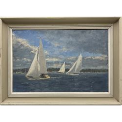 William Burns (British 1923-2010): 'A Fair Wind' Hornsea Mere, oil on board signed, titled verso 39cm x 59cm
Provenance: direct from the artist's family. Born in Sheffield in 1923, William Burns RIBA FSAI FRSA studied at the Sheffield College of Art, before the outbreak of the Second World War during which he helped illustrate the official War Diaries for the North Africa Campaign, and was elected a member of the Armed Forces Art Society. On his return to England, he studied architecture at Sheffield University and later ran his own successful practice, being a member of the Royal Institute of British Architects. However, painting had always been his self-confessed 'first love', and in the 1970s he gave up architecture to become a full-time artist, having his first one-man exhibition in 1979.