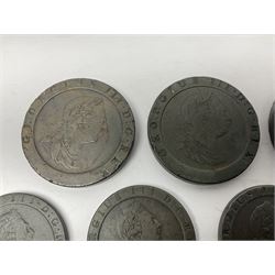 Two George III halfpenny coins dated 1799 and 1806, four pennies dated three 1806 and 1807, four 1797 cartwheel pennies and three 1797 cartwheel two pence coins