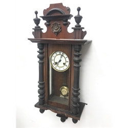 Early 20th century Vienna style wall clock, walnut and beech cased, twin train movement striking on coil, H86cm (with pendulum)