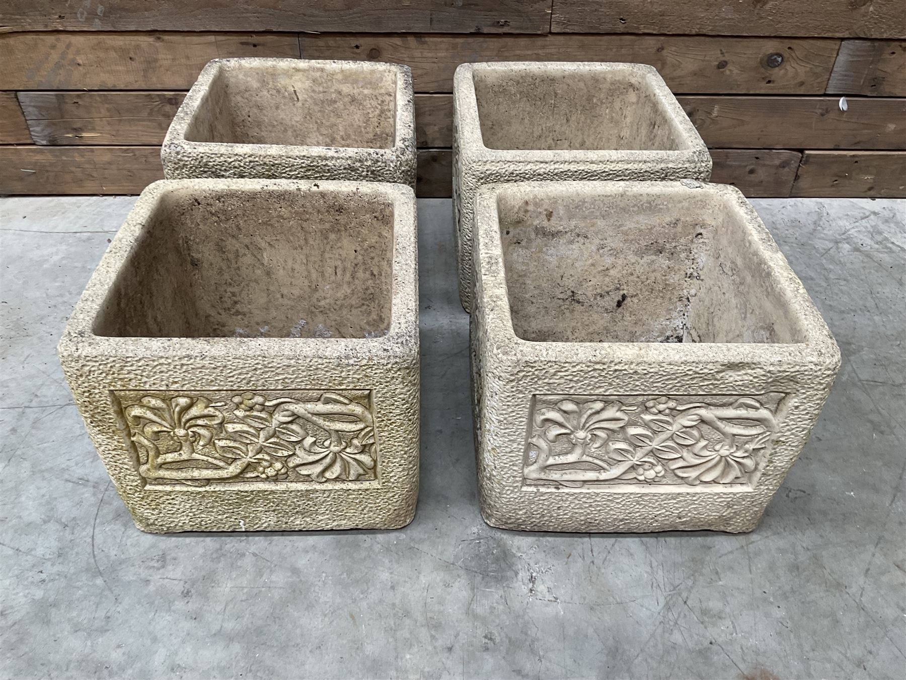 Set four Cotswold Studios Ltd square cast stone garden planters 