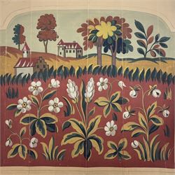 Two French 19th century Aubusson tapestry templates or Cartoons, decorated with scenes of châteaux and flowers in watercolour and bodycolour, largest 47cm x 52cm (2) Provenance: purchased Robert Four gallery, Paris, 2012. 
Notes: Templates such as these demonstrate the original vibrancy of tapestries that would have faded over time. After being pinned and used as a reference by the weavers, they would be stored. Very few remain. 