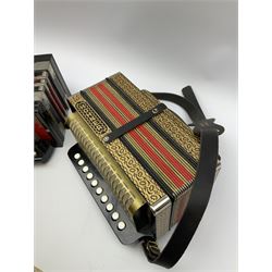 Hohner Germany ten-button melodeon with poker work decoration L32cm; and another German ten-button melodeon (2)