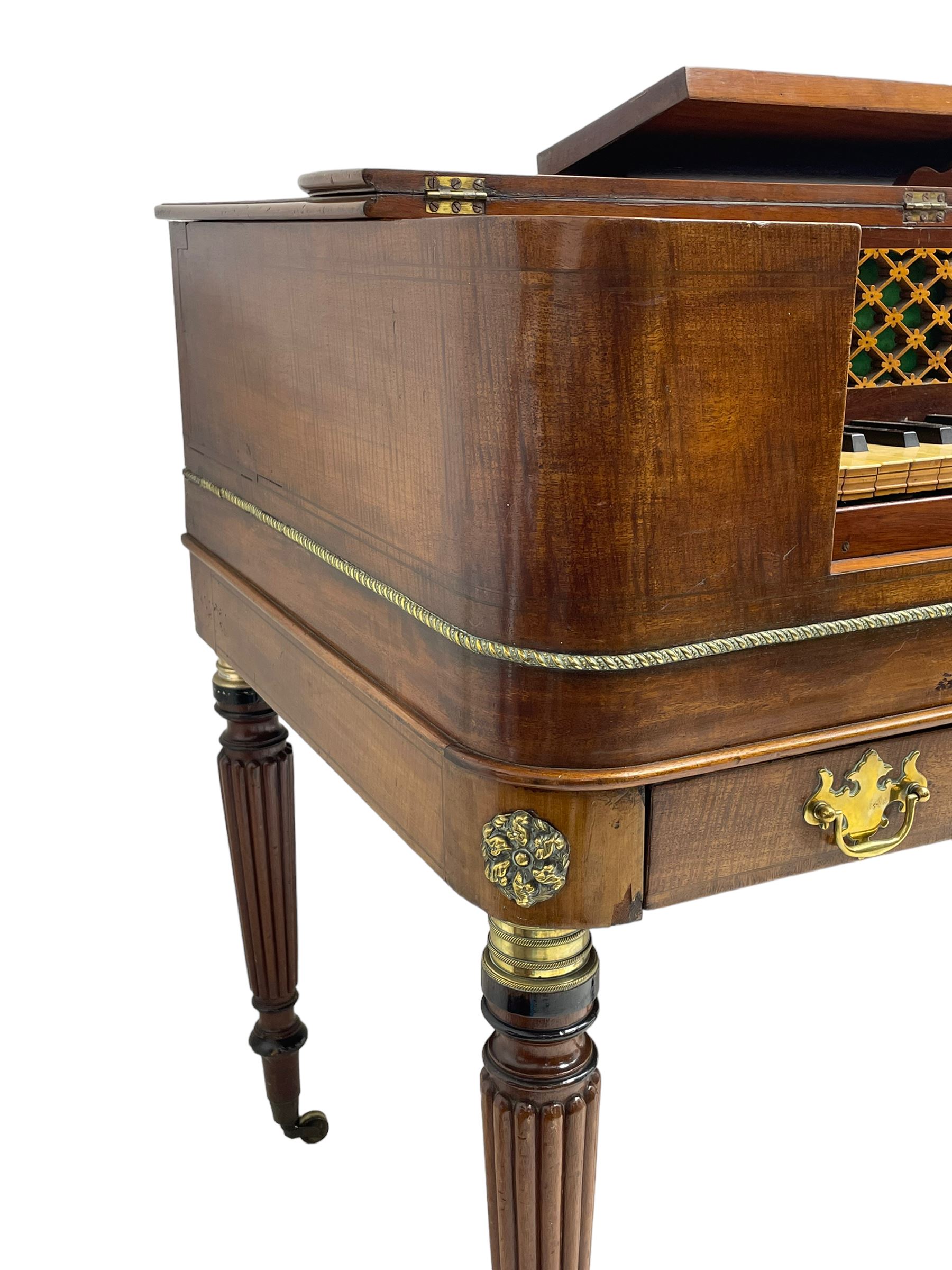 James Rigg, London -early 19th century mahogany and maple square piano c1817, with a 68 key compass (A-C) original hammers, jacks and felt, satinwood interior with ebony and ivory keys, the fretwork interior back inscribed 'James Rigg, 3 Providence Row, Finsbury Square, London', decorated with twist gilt metal edging, fitted with three drawers, on Gillows design turned and reeded supports with brass cups and castors.

This item has been registered for sale under Section 10 of the APHA Ivory Act