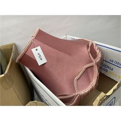 French Adrian helmet and cow horn gong stand; and quantity of lamp shades, etc, helmet H47cm