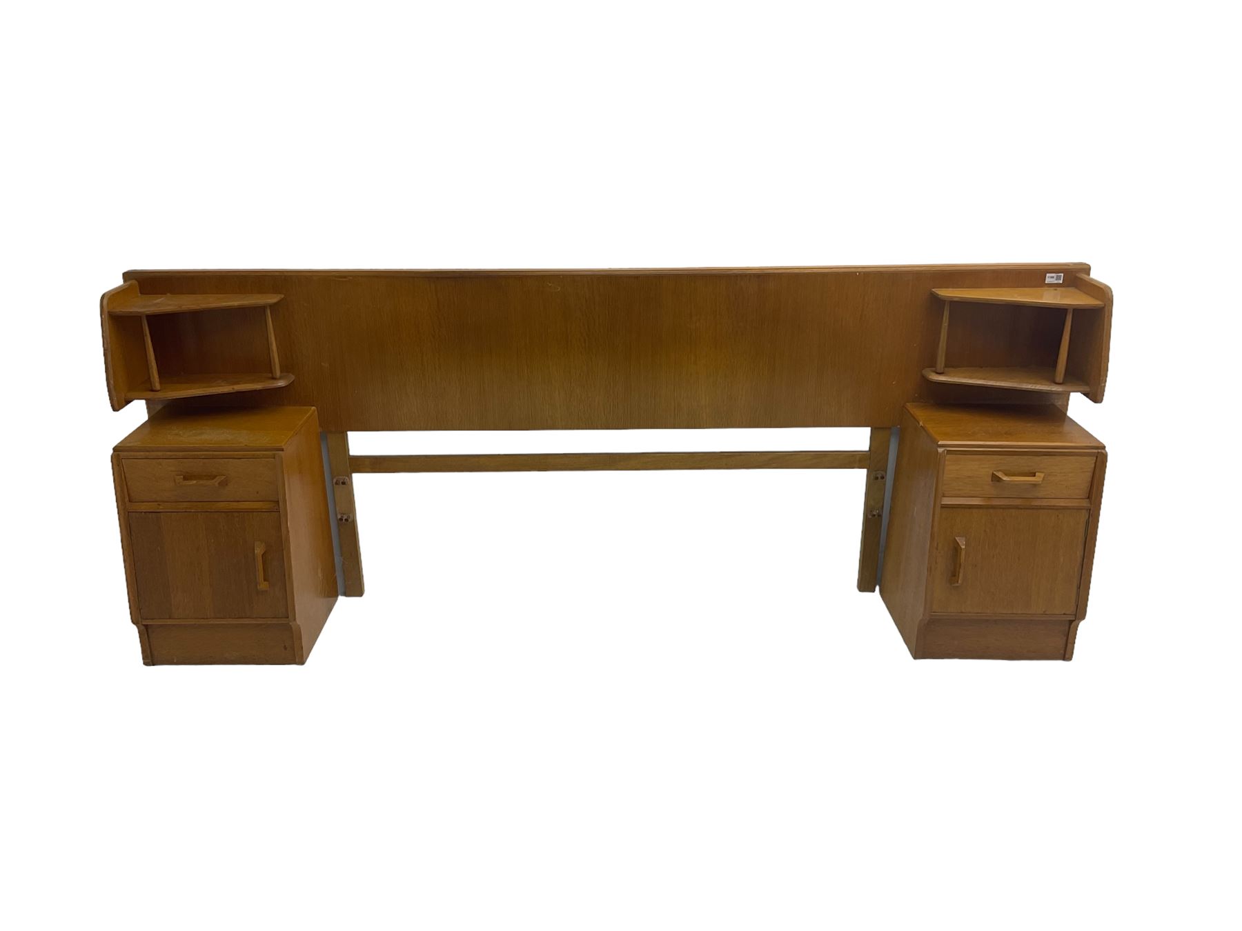 G-Plan - 'Brandon' oak headboard with open shelves to each side (W222cm H86cm), with two matching bedside cupboards, fitted with single drawer over cupboard (W37cm H53cm)
