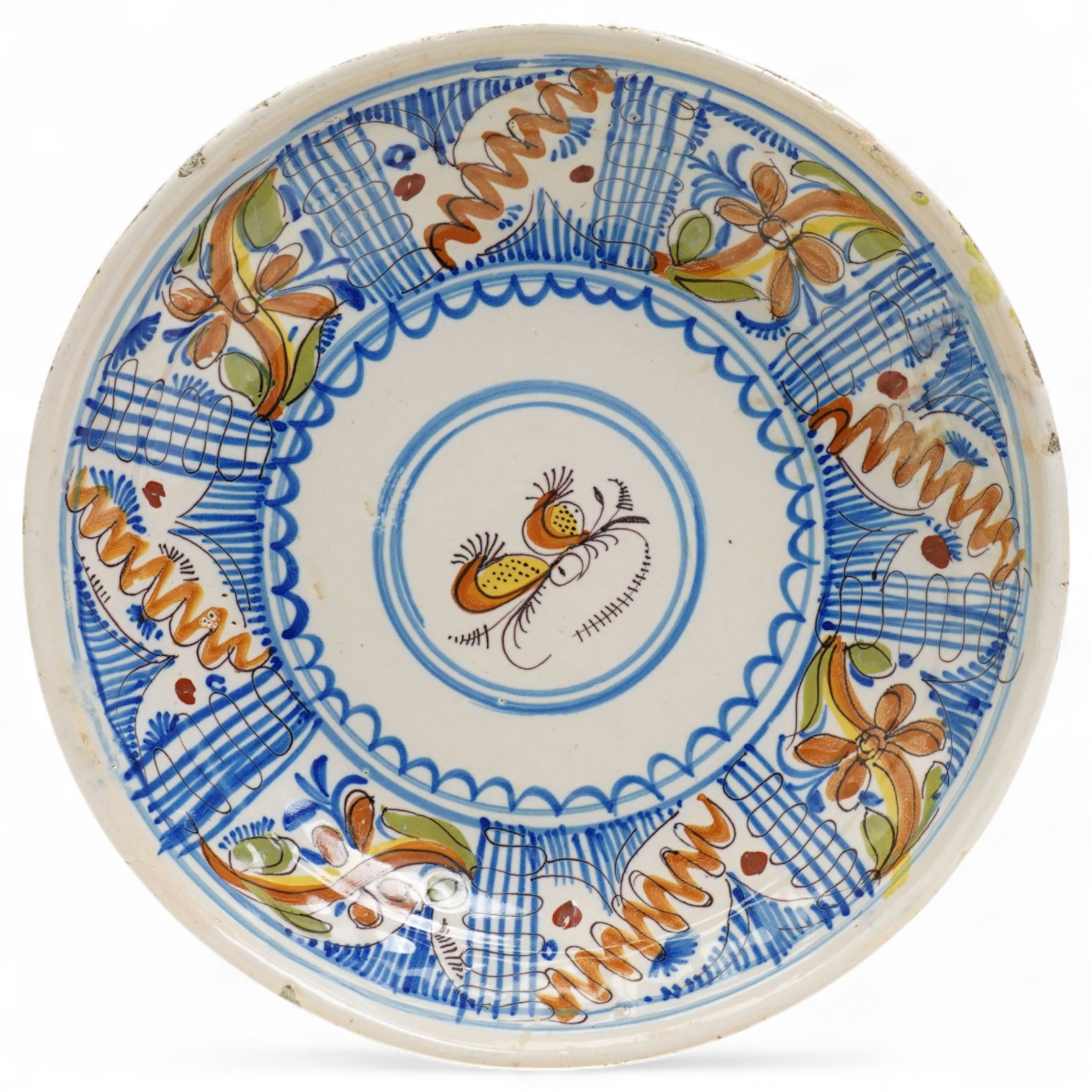 Spanish 18th century majolica bowl, possibly Talvera, decorated with orange flowers among blue decoration on a cream ground, D28cm 