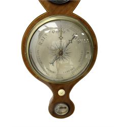 Late 19th century mahogany five glass mercury barometer, with a swans neck pediment, brass finial and a round base, eight inch silvered register, brass recording hand and steel indicating hand, silvered hygrometer, spirit thermometer butlers mirror and level bubble, mercury filled syphon tube intact with pulleys and floats. With a replacement recording button.