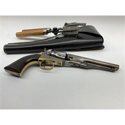 Colt .36 calibre percussion five-shot police pocket revolver, all parts with matching serial no.18334, 14cm barrel marked 'Address Col Saml Colt New York US America' with under barrel swivel rammer, brass trigger guard and backstrap with two-piece wooden grips L28.5cm; with modern bullet maker and leather holster.