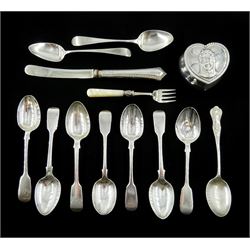 Victorian silver novelty heart shaped lidded box by Walker & Hall, Sheffield 1895, ten Georgian and later silver spoons, silver knife with stainless steel blade and a silver fork with mother of pearl handle, all hallmarked