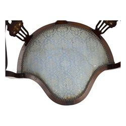 Edwardian inlaid mahogany corner chair, curved arms on shaped splat supports inlaid with satinwood, on turned supports (W60cm, H75cm); Edwardian inlaid mahogany tub-shaped armchair, the cresting rail inlaid with scrolling acanthus leaves and flower heads, on square tapering supports with spade feet (W58cm, H80cm)