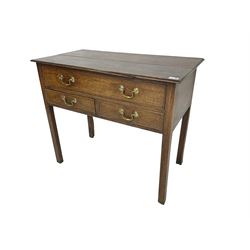 Georgian oak lowboy, rectangular moulded top over three drawers, on square supports