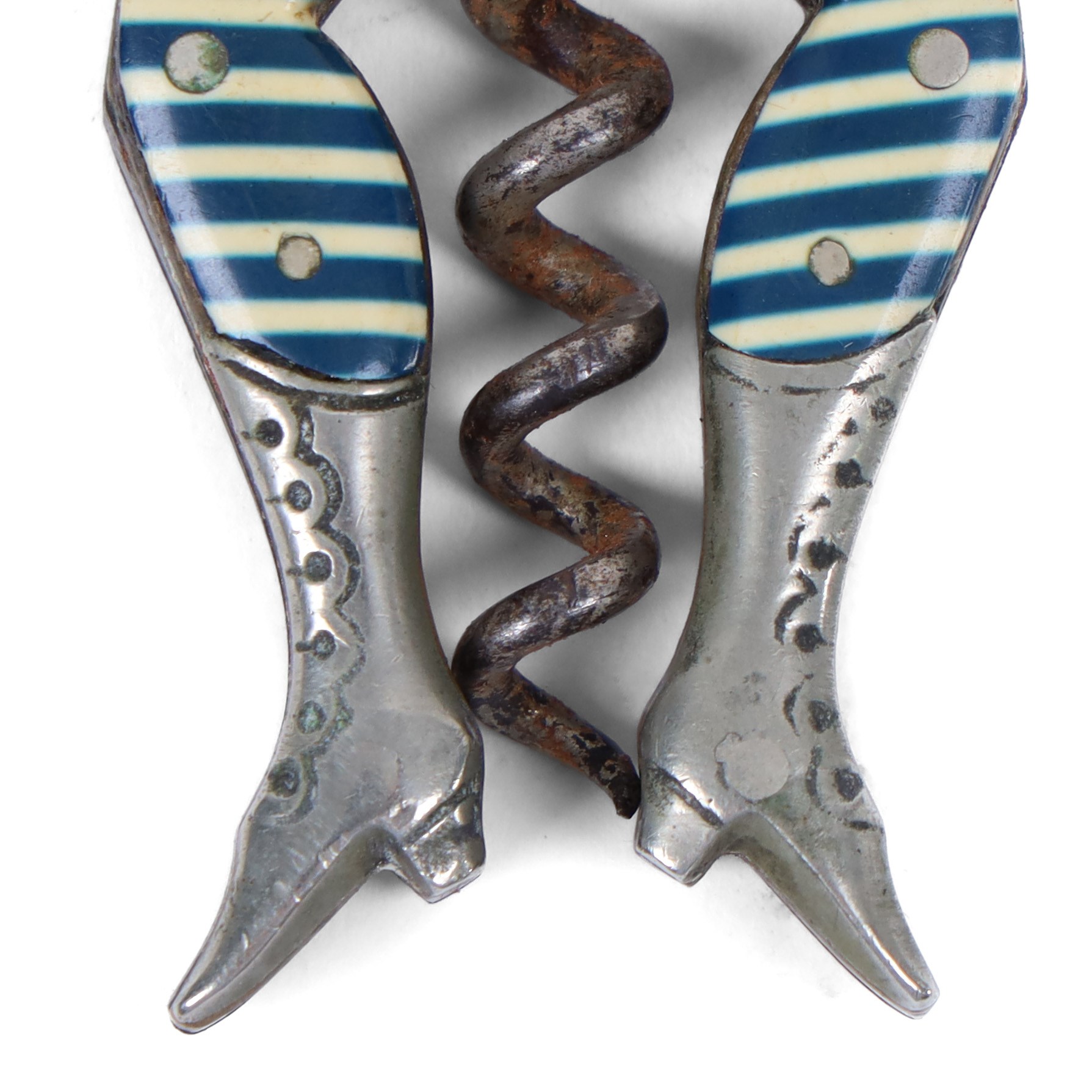 19th Century German novelty folding Corkscrew in the form of a pair of ladies legs in blue and white stockings, H7cm
