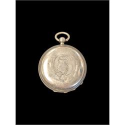 Late Victorian silver full hunter pocket watch by Tho Russell & Son no. 82844, with white enamel dial and subsidiary seconds dial, the front cover with blank cartouche, hallmarked Chester 1891
