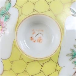 Famille jaune rice bowl, cover, and saucer, decorated with a bird in a blossoming branch, H10cm