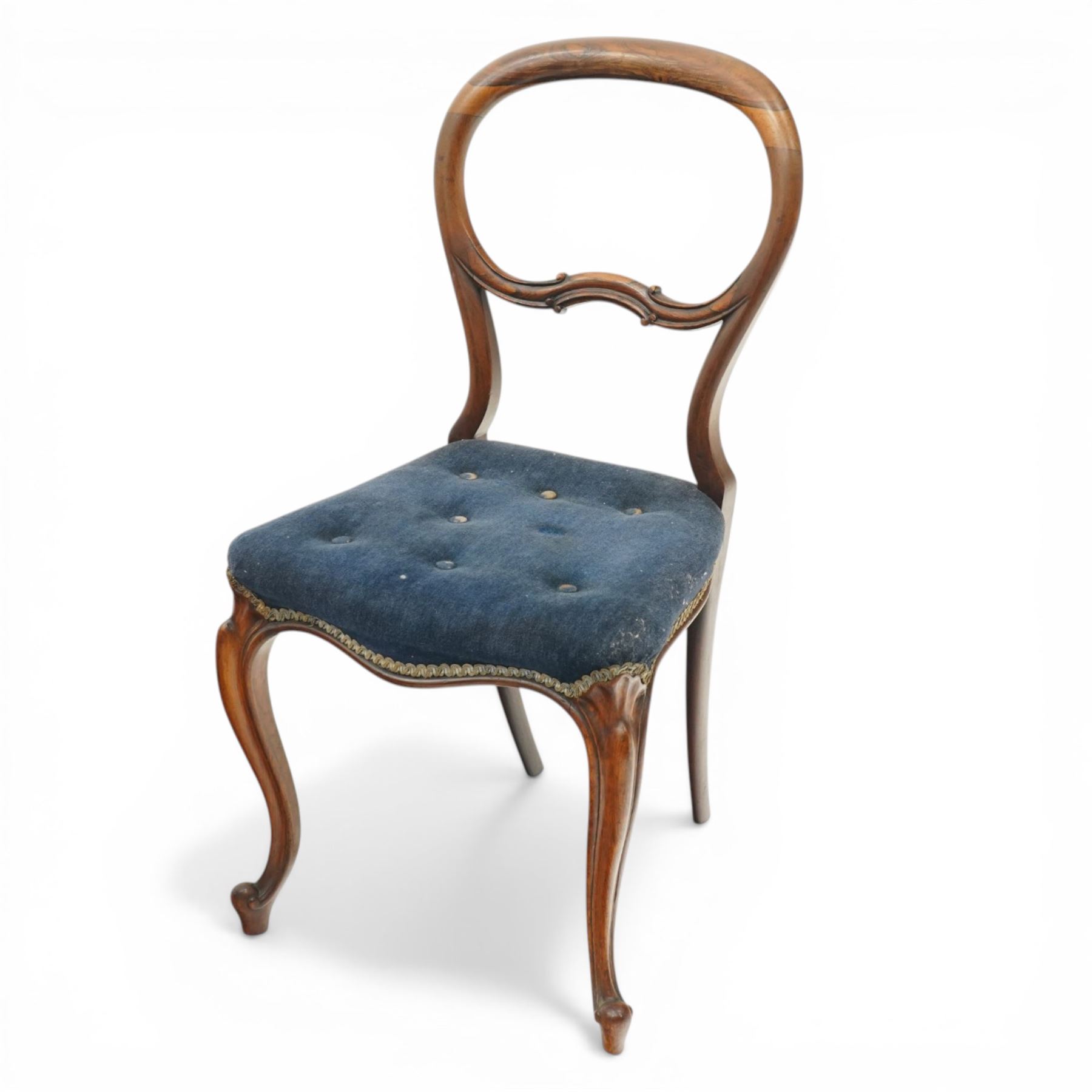 Set of six Victorian rosewood balloon-back dining chairs, seats upholstered in buttoned blue fabric, raised on cabriole supports