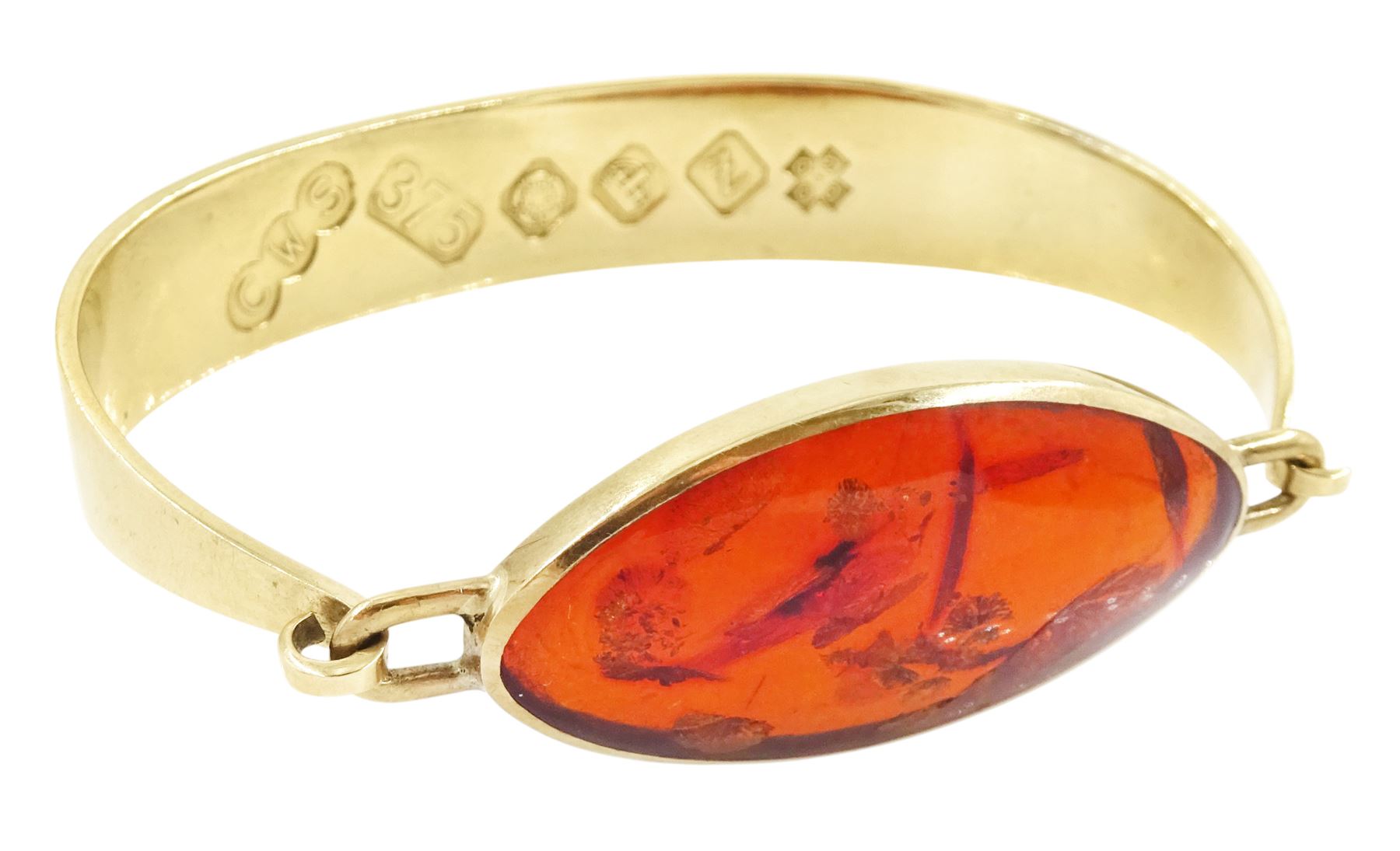 9ct gold oval amber wide bangle by C W Sellors, Sheffield 1999