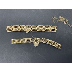 Two gold gate bracelets, two rings and an E pendant necklace, all 9ct and a gold ring stamped 18ct plat