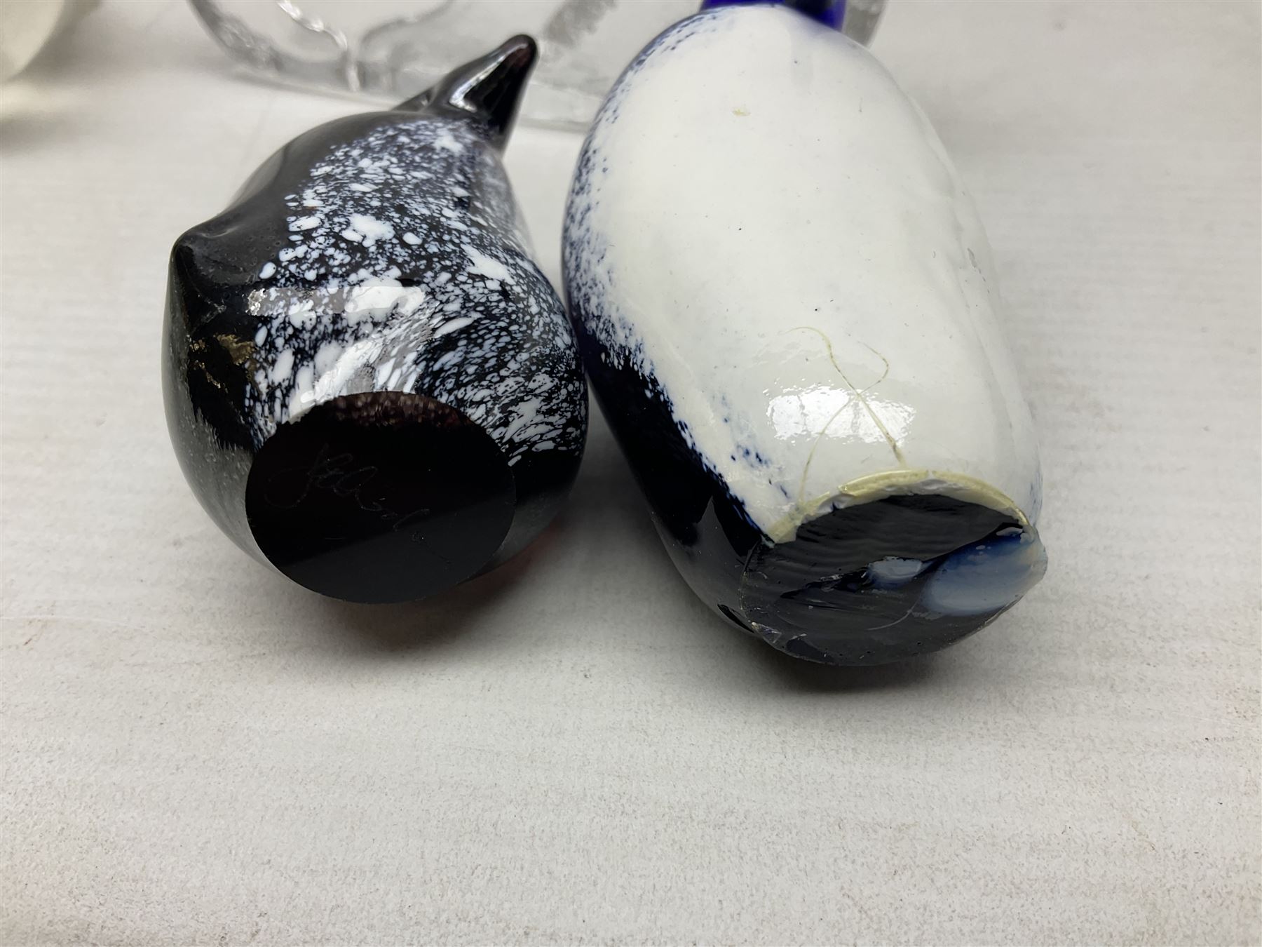 FM Ronneby Sweden large bear paperweight, together two glass penguins, one signed, small Hadeland bear and other glass animals. FM bear H9cm 