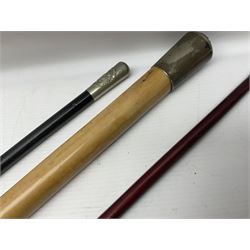 Three parade ground canes - malacca cane Coldstream Guards with plated mount engraved 'H.A. Myhan' L87cm; ebonised Church Lads Brigade 'Fight The Good Fight'; and mahogany stained Worcestershire Regiment (3)