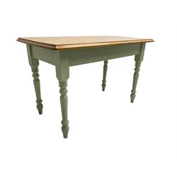 Small pine dining table, polished rectangular top on turned supports in pale laurel green finish