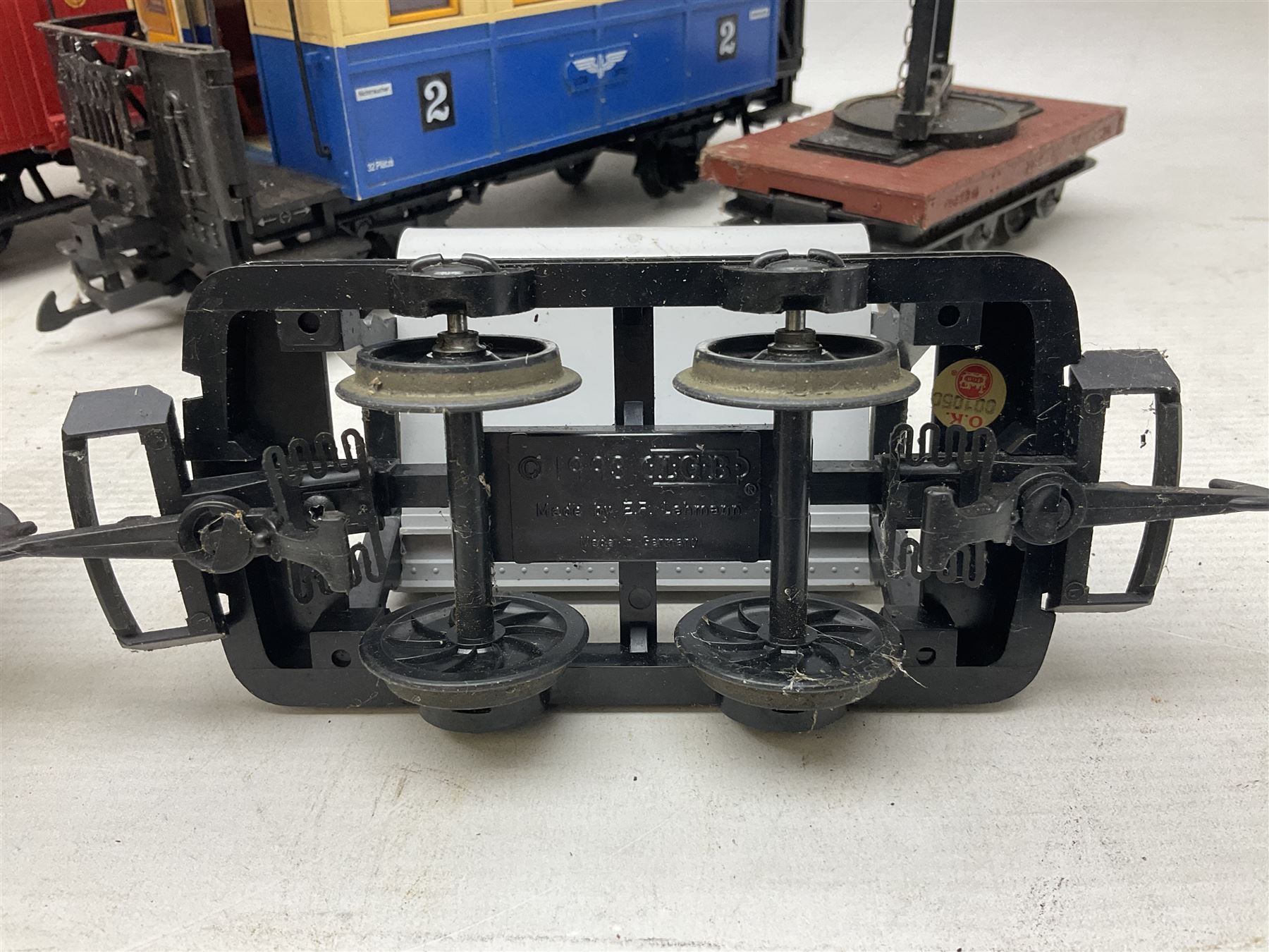 Three LGB (Lehmann Gross Bahn) G scale, gauge 1, rolling stock wagons, comprising two Lake George and Boulder wagons and an Auto Express wagon, together with a LGB passenger coach, other LGB rolling stock and a Lehmann Rigi900 ski lift