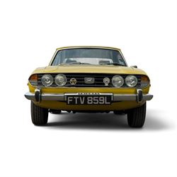 1973 Triumph Stag Mk II 3.0 V8 Manual with Overdrive

Registration: FTV 859L
Date of first registration: 8th March 1973
Recorded mileage: approximately 50,000 miles
Engine: 2,997cc petrol V8
Transmission: four-speed manual with overdrive

An attractive manual-overdrive example of Triumph’s celebrated V8 grand tourer, finished in yellow and supplied with both a removable hardtop and folding soft top.

The car has been the subject of extensive restoration and mechanical work, supported by a large history file containing invoices, notes and photographs documenting the work undertaken. The accompanying records indicate that the engine was rebuilt at approximately 36,000 miles, including re-boring of the block, checking and machining of the top faces, and steam cleaning following machining.

Further work and replacement parts are understood to include an upgraded radiator, electric cooling fan, Stag Webber header tank kit, complete set of cooling hoses and clips, fuel pump and filters, alternator, distributor cap, HT leads, spark plugs, front brake calipers and hoses, rear brake cylinders, tyres, front lights and LED bulbs. Various seals, interior trim items and seat components have also reportedly been renewed.

The car is believed to have been dry-stored from 1994 until 2017, with a substantial programme of recommissioning and improvement subsequently undertaken between 2017 and 2023. The history file also includes earlier MOT certificates dating from 1988 to 1994.

Offered with its V5C, hardtop, soft top, extensive restoration and maintenance history, photographic record and a quantity of useful spare parts, including a new dashboard veneer set.