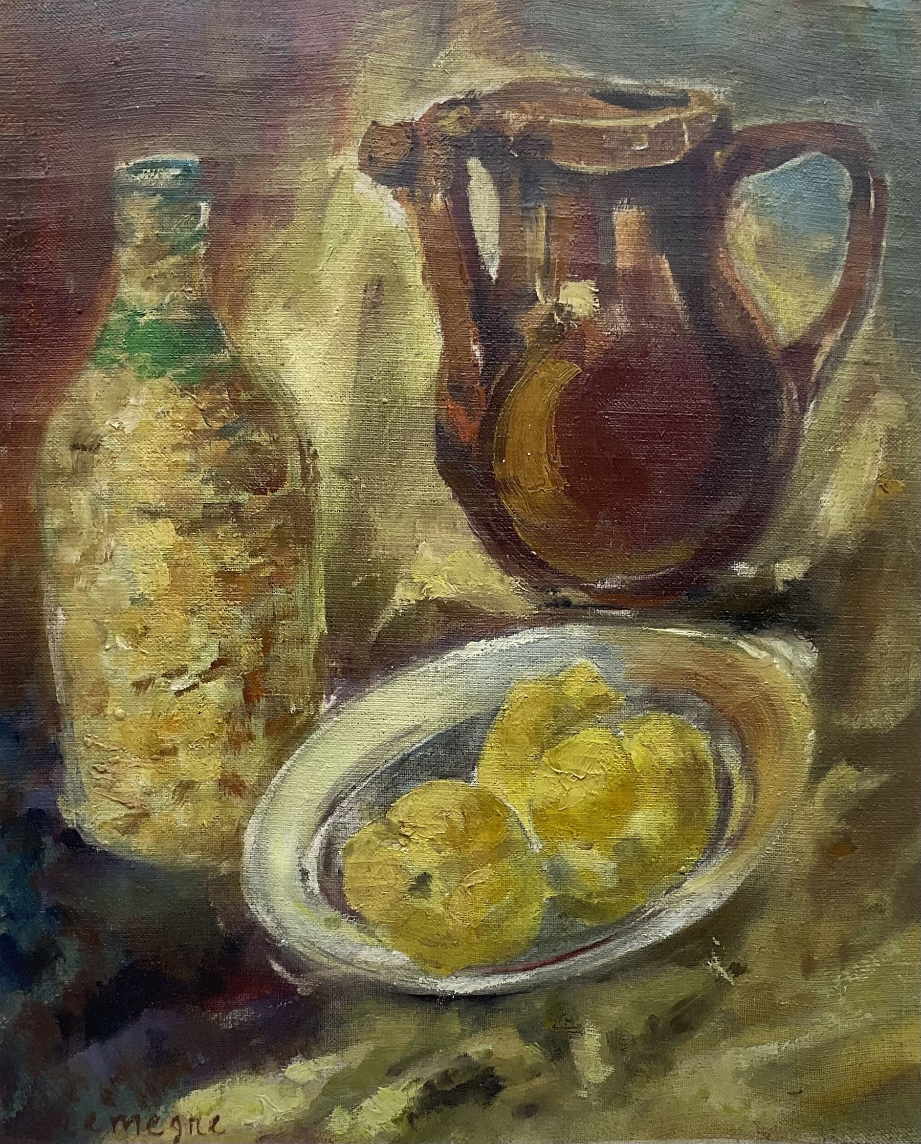 Pinchus Krémègne (Belarusian/French 1890-1981): Still Life of a Stoneware Jug Bottle and Fruit, oil on canvas laid on board signed 53cm x 43cm 
Notes: Krémègne was a Lithuanian Belarusian Jewish-French artist, primarily known as a sculptor, painter and lithographer. He was a native of Zhaludak near Lida, now Belarus, and was a friend of both Chaïm Soutine and Michel Kikoine. He studied sculpture at the Vilnius Academy of Art, and died at Ceret France.
