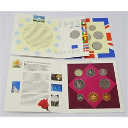  1992 and 1993 United Kingdom Brilliant Uncirculated coin collections, both containing the dual dated 1992/1993 EEC fifty pence coin  