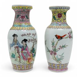Three Chinese 20th century famille rose vases, of baluster form, decorated with traditional motifs and figures, together with another famille vert example decorated with peacocks, largest H36.5cm (4)