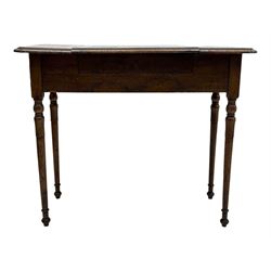Edwardian oak metamorphic 'Britisher Writing Table', rectangular hinged top revealing correspondence compartments and hinged writing surface with underside storage, flanked by twin hinged compartments with dividers, on turned supports