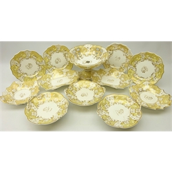  19th century Davenport Longport Staffordshire part dessert service (circa 1870-1886) with floral gilded panels on butterscotch ground, comprising large pierced comport, D34cm, three low comports, two shaped rectangular serving dishes, two other shaped serving dishes and four plates, pattern no.455 (12)  