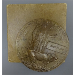 WWI bronze memorial plaque, named to John Heath, in original card case  