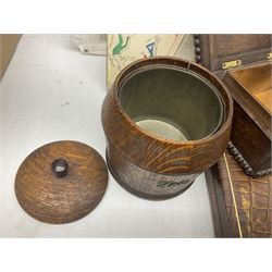 Mid 20th century cigarette box in the form of a gondola, the faux tortoiseshell with mother of pearl inlay (a/f), cased mantel clock with silvered numerical dial, oak lidded tea jar caddy, oak box, silver-plate cutlery, quantity of records, Smith's empire miniature clock, stamps etc