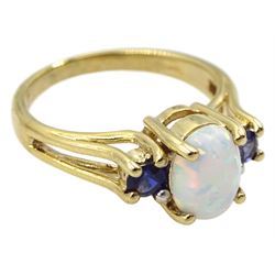 9ct gold oval opal and sapphire ring, hallmarked 