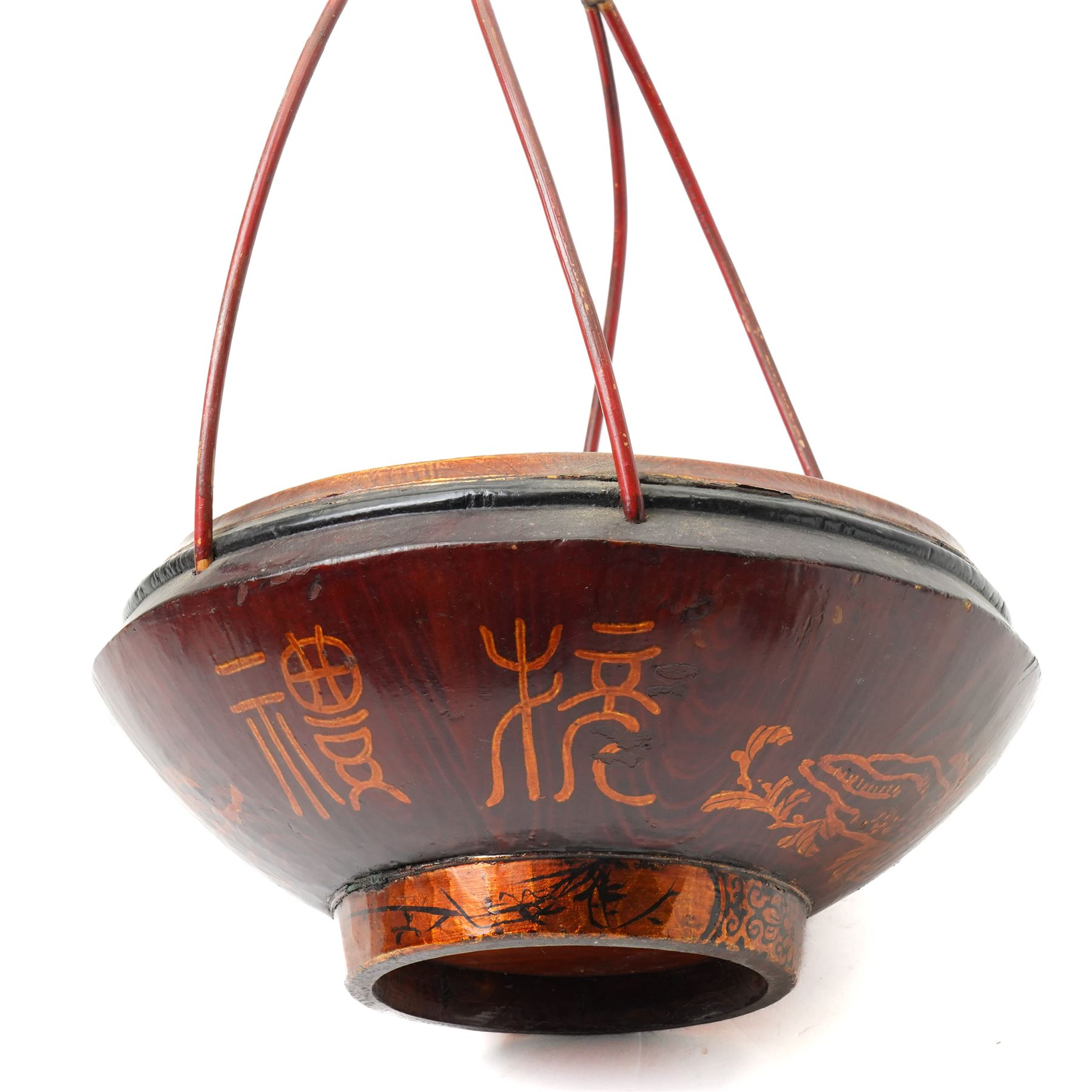 Early 20th century Chinese red lacquered marriage basket, the exterior with character and fruit motifs, H43cm; together with a red painted dowry basket, on shaped circular foot, H19cm x D35cm (2)