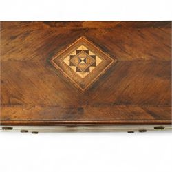 Large 18th-century North Italian walnut commode, rectangular top with quartered veneer, central parquetry inlay and raised moulded edges above three drawers with brass ring handles, cross banding and further central parquetry inlay, supported on square tapered feet