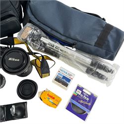 Nikon F50 and  Praktica TL1000 camera bodies, together with lenses and accessories, including Nikkor AF 35-80mm, Nikkor AF 70-210mm, tripod, carry cases, etc