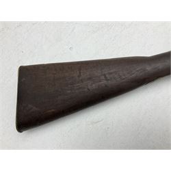 20th century Indian percussion military musket, approximately 20-bore, the 96.5cm barrel with three bands, the steel lock-plate marked 1862 Enfield, walnut full stock with brass fittings and under barrel ramrod channel L140.5cm overall