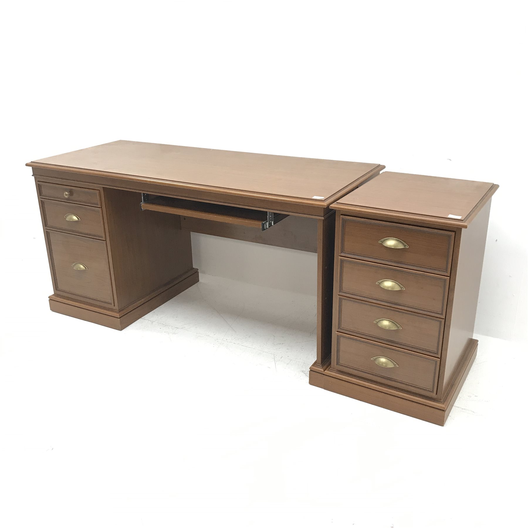French cherry wood single pedestal office desk, three drawers, keyboard slide (W151cm, H78cm, D65cm) and matching filing chest, four drawers (W47cm, H77cm, D54cm)