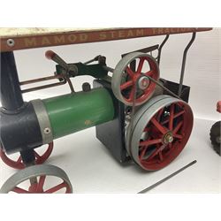 Mamod TE1a steam traction engine with burner, bunker, steering rod and funnel; red and black painted Tri-ang tin-plate Jones KL44 mobile crane; and two Hull Savings Bank Home Safe money boxes; all unboxed (4)