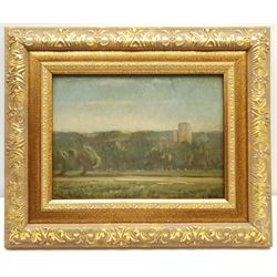 Paul Paul (Staithes Group 1865-1937): Castle with Cattle Grazing by the River, oil on mahogany panel signed, artist's studio stamp verso 22cm x 30cm 
Provenance: from the artist's studio collection. Paul Politachi, born in Constantinople in 1865, was the son of Constantine Politachi (1840-1914), a merchant in cotton goods, and his wife Virginie. About 1870 the family came to England, and in 1871 Paul is listed as living at 4 Victoria Crescent, Broughton, Salford with his parents, two younger sisters Eutcripi and Emilie, paternal grandmother Fotine, a governess and a servant. In January 1887 he enrolled at Hubert von Herkomer's School at Bushey, where he presumably met fellow future Staithes Group members Rowland Henry Hill and Percy Morton Teasdale.

After his marriage to Marion Archer in 1896 he changed his name to the more Anglophone Paul Plato Paul. He exhibited at the Royal Academy ten times between 1901 and 1932. He was elected to the Royal Society of British Artists in 1903 and in that year exhibited 'The Old Pier, Walberswick' and 'The Road to the Village' in their winter exhibition. Two years later he was elected a member of the Staithes Art Club, alongside Teasdale. He died at 11 Bath Road, Bedford Park, Brentford, Middlesex on 23 January 1937, aged 71.