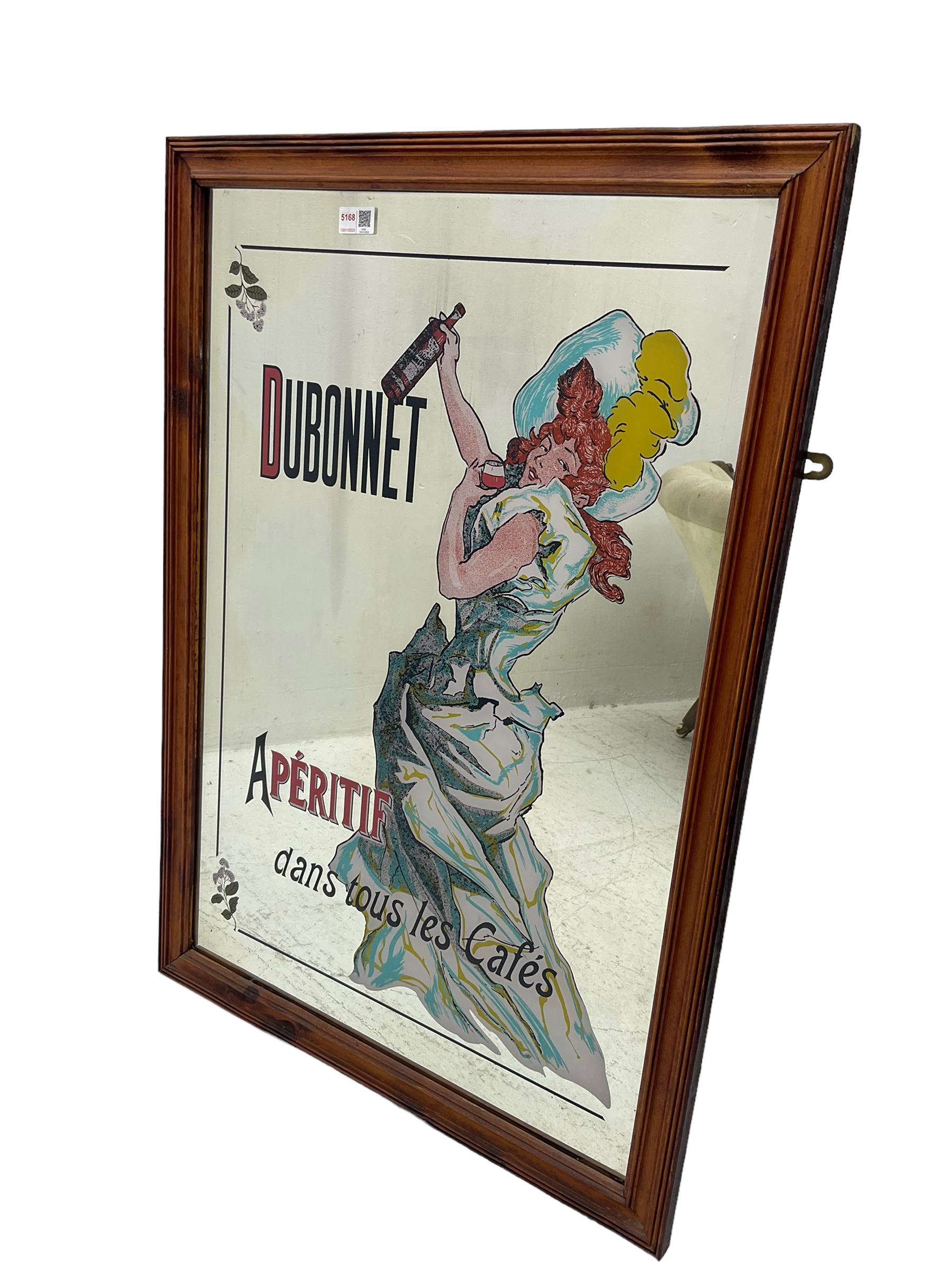 Vintage Dubonnet advertising mirror decorated with image of lady holding a bottle, in wood frame, 89x63cm